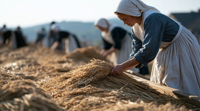 Wide view of a September harvest festival at an Amish farm in Lancaster County, families in plain dress working side by side to thresh wheat using traditional tools, the communal