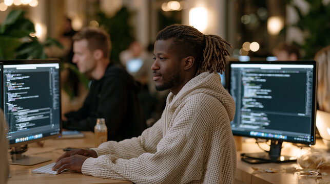 Coding bootcamp intensive program participants at long communal table with multiple monitors showing terminal windows and code editors, late evening session empty snack wrappers