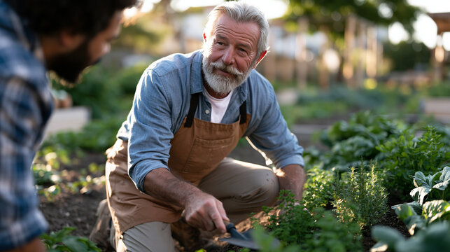 Elderly veteran tends a community garden plot in an urban neighborhood park, kneeling beside neat rows of herbs and vegetables with a trowel in hand, a younger neighbor pausing to