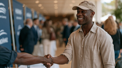 Rows of hiring company banners line a convention hall as veterans in business attire fill the aisles, a young former Marine shaking hands with a recruiter beside a booth, job fair
