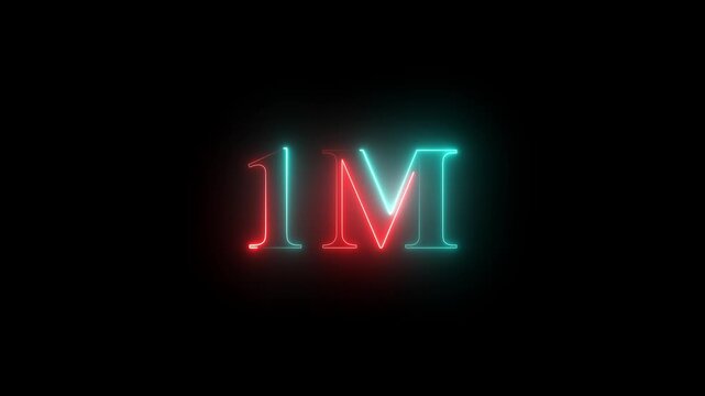 1m one million neon glowing text animation on black background, 1 Million achievement for social media  4K video animation.