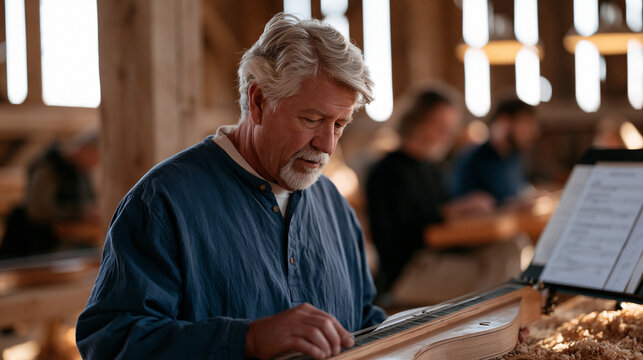 Rural Appalachian dulcimer maker teaching a sold-out folk music workshop in a renovated barn, students tuning handcrafted instruments, sawdust and wood shavings on the floor,