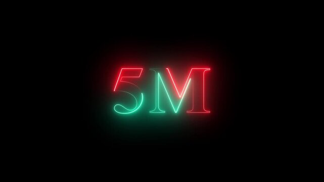5m one million neon glowing text animation on black background, 5 Million achievement for social media  4K video animation.