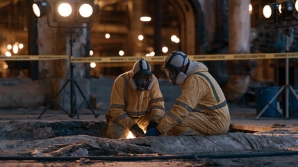 Fototapeta premium Coal plant decommissioning crew in protective respirators removing asbestos lagging from aging steam pipes inside a shuttered boiler room, industrial lighting on stands