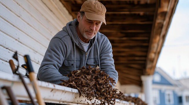 Middle-aged man on a ladder in March morning light clearing gutters of winter debris during spring cleaning transformation, muddy leaves raining down, tidy suburban neighborhood