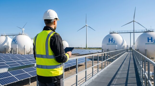 Engineer in yellow high visibility vest and white hard hat using digital tablet on metal walkway at green hydrogen production facility with wind turbines and solar panels