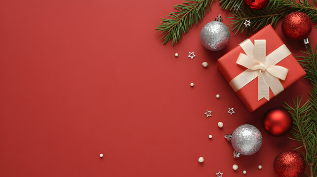 Christmas gift box with ornaments and pine branches on red background