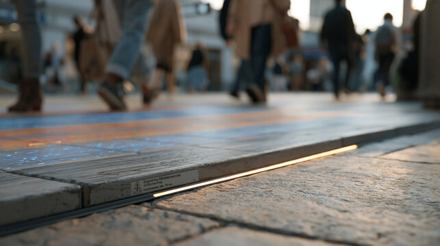 Close-up of a modular kinetic floor tile installed in a busy transit concourse, underfoot sensors illuminated as commuter foot traffic crosses the surface, engineering label