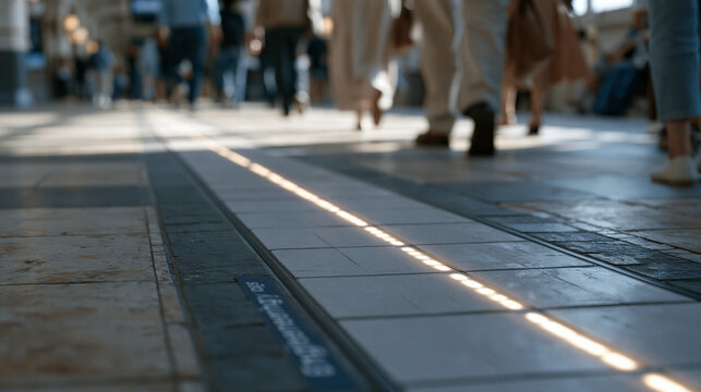Close-up of a modular kinetic floor tile installed in a busy transit concourse, underfoot sensors illuminated as commuter foot traffic crosses the surface, engineering label