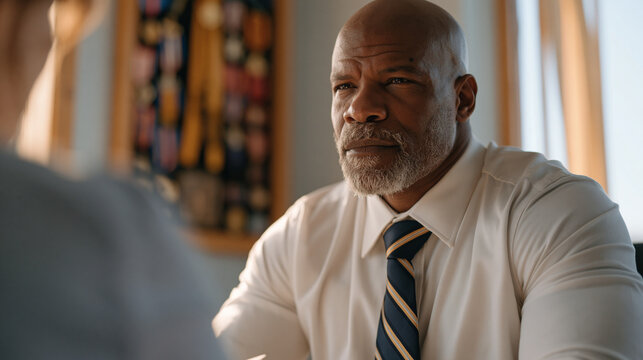 Senior noncommissioned officer in civilian clothes sits across from a career counselor reviewing a resume, the officer's uniform ribbons still in a shadow box on the wall behind