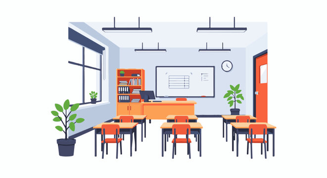 A well-organized classroom with desks and chairs, whiteboard, bookshelf, plants, and a clock on the wall