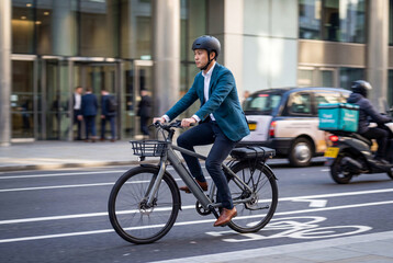 Fototapeta premium Asian Businessman Riding Electric Bicycle in City Bike Lane