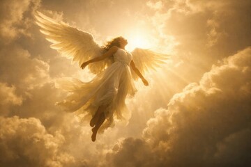 Naklejka premium Ethereal angel soaring through clouds.