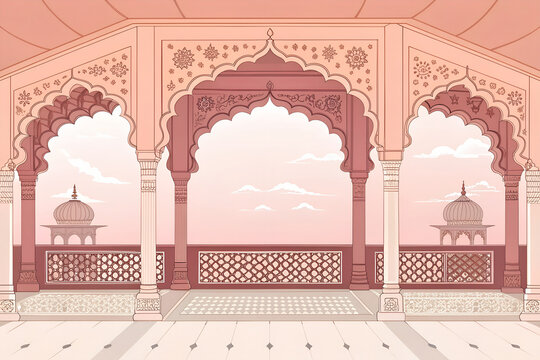 Minimal vector pavilion inspired by Indian royal architecture, decorative arches framing a distant sky view