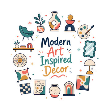 Modern Art Inspired Decor. Hand drawn illustration of Modern Art Inspired Decor. abstract vase, geometric sculpture, paint palette, wavy mirror, minimalist lamp, colorful canvas, arch pattern, ceramic