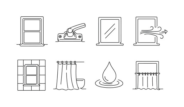 "Bathroom Window Latch". Minimalistic set one-line drawing window frame, latch lock, glass pane, ventilation airflow, bathroom tile, shower curtain, water droplet, privacy curtain, continuous single