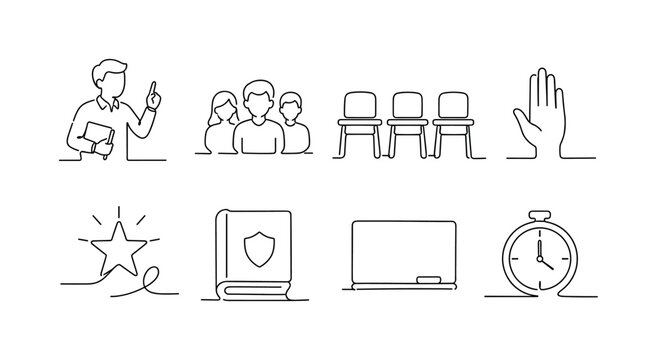 "Organized Learning Environment". Minimalistic set one-line drawing classroom desk layout, blackboard, student notebook, pencil case, behavior chart, teacher pointer, group seating circle, classroom
