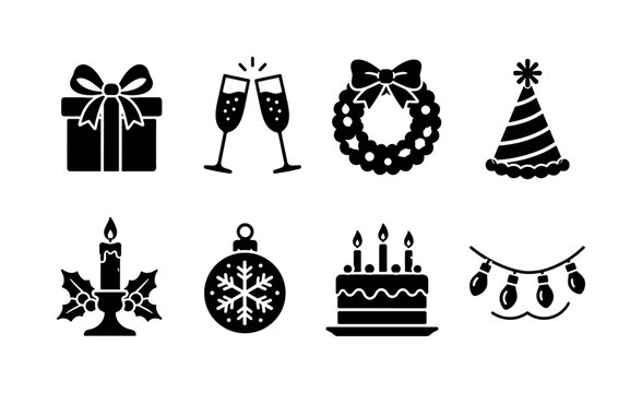 Holiday Celebrations. Filled icon set of Holiday Celebrations: gift box, champagne glass, holiday wreath, party hat, candle holder, snowflake ornament, celebration cake, hanging lights. Solid icons