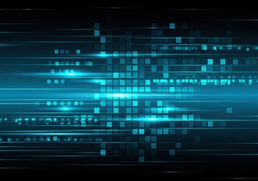 Abstract digital background with glowing blue squares and light streaks
