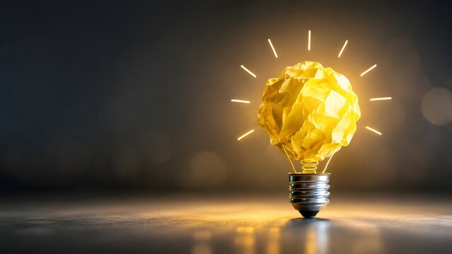 Brainstorming and Creativity Concept with Glowing Crumpled Paper Lightbulb Representing New Ideas