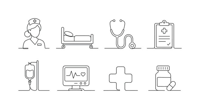 "Hospital Nursing Care". Minimalistic set one-line drawing nurse, patient bed, stethoscope, medical clipboard, IV drip, heart monitor, hospital cross, pill bottle, continuous single black line on
