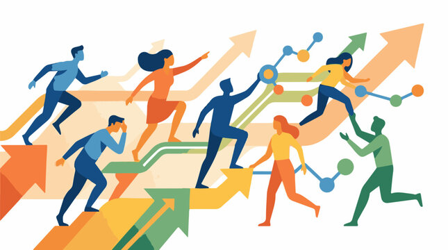 Colorful illustration of people running on arrows
