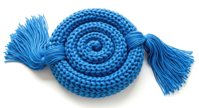 Blue knotted rope toy with tassels on plain background