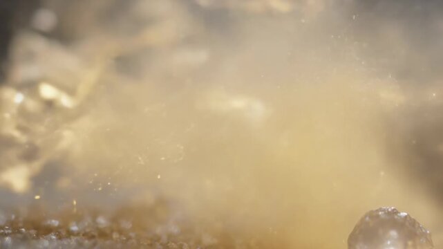 Brightening then flashing brown grain ejecting glowing plume and shards on sand with clear crystals