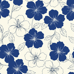 Seamless pattern with blue and white hibiscus flowers. Vintage tropical Hawaiian background for fabric, wallpaper, wrapping paper, textile. © deepika