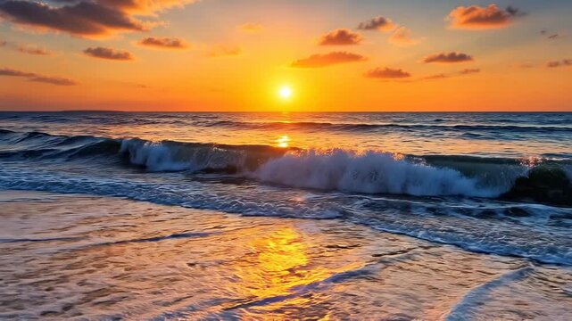 Golden sunset over ocean waves gently lapping on a sandy beach shoreline