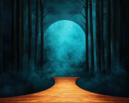 Pathway curving into glowing mist, mystical trees lining the entrance