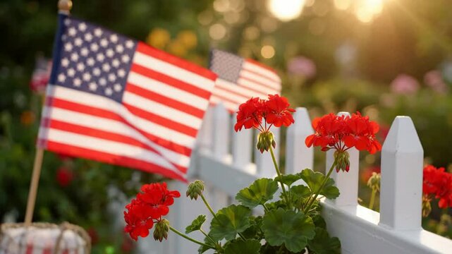 American flags waving on white picket fence with red geraniums at sunset for patriotic independence day celebration
