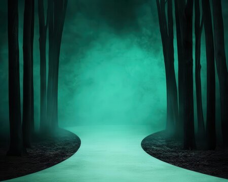 Pathway curving into glowing mist, mystical trees lining the entrance