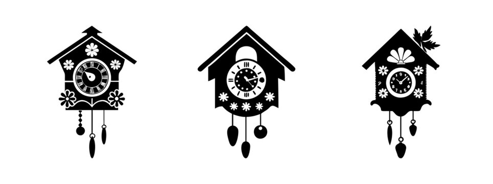 Three black cuckoo clocks hanging in a row - Minimalist black and white vector illustration of three cuckoo clocks with pendulums hanging side by side, ideal for vintage or decorative designs.