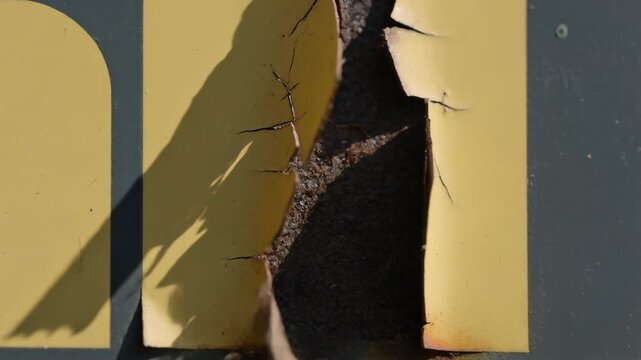 Showing yellow metal panel with triangular gap cracking open from rust on sign, sunlight shifting