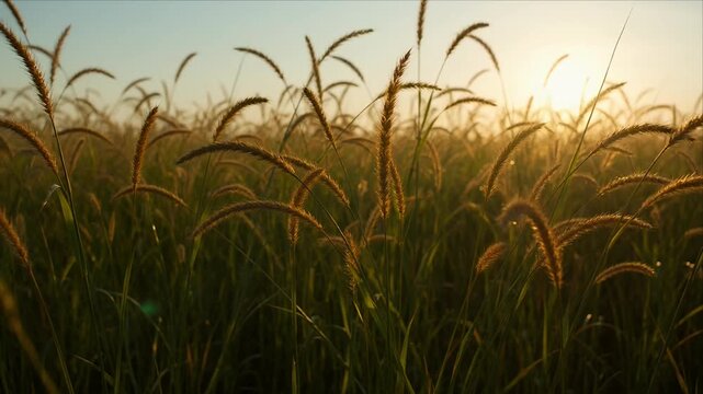 Seasonal nature Tall wild grass field at golden hour sunset sunlight meadow with glowing seed head, soft focus tranquil summer landscape, warm backlit nature scene and calm countryside view