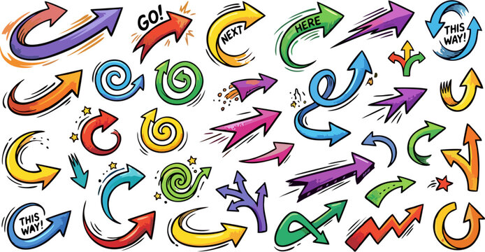 Colorful Hand Drawn Arrows Set with Comic Style Direction Signs and Doodle Elements Vector Illustration