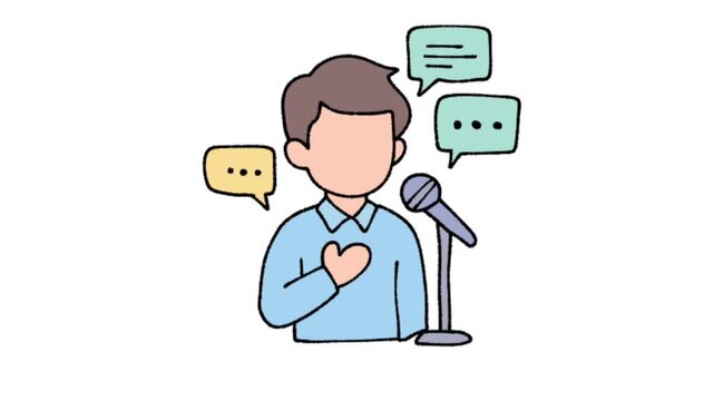 Illustration of man giving heartfelt public speech with microphone