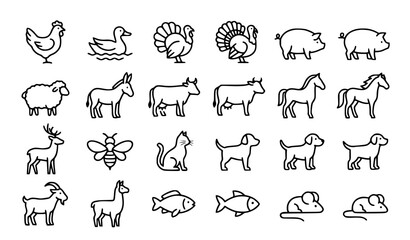 Obraz premium Editable Stroke Animal Vector Icon Set with Farm Livestock and Pet Symbols