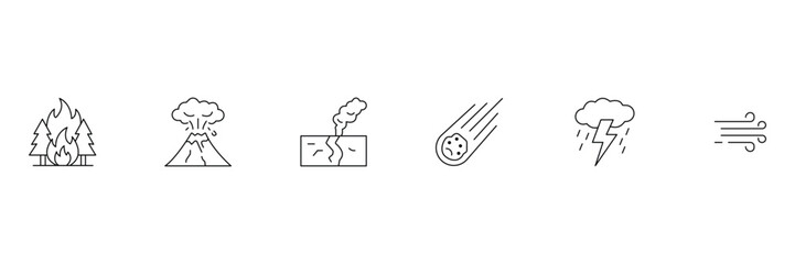 Natural disasters line icon set including forest fire volcano earthquake meteorite storm and wind vector illustration. © suman
