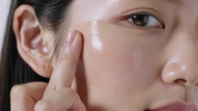 Touching, spreading Asian woman with index finger to apply serum under-eye for dewy sheen in studio