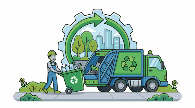 A man in a hard hat pushes a recycling bin to a green and blue truck