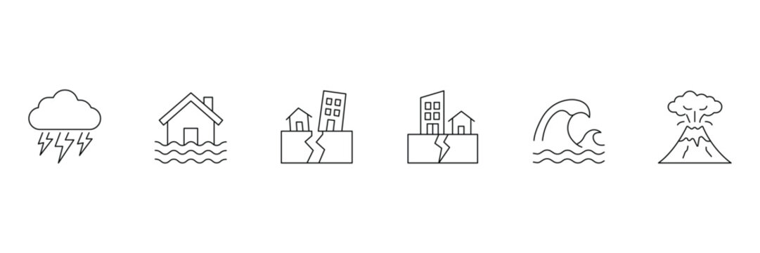 Natural disasters line icon set including thunderstorm flood earthquake landslide tsunami and volcanic eruption vector illustration.