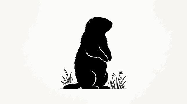Black silhouette of a cute groundhog standing in the grass for a wildlife nature icon design