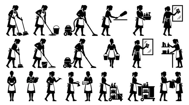 Set of black silhouette icons showing a professional maid cleaning a house with various tools and equipment