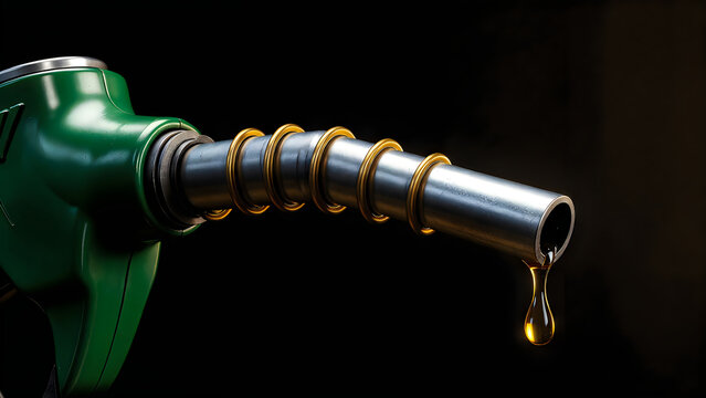 Close up of a green fuel pump nozzle with a single drop of gasoline
