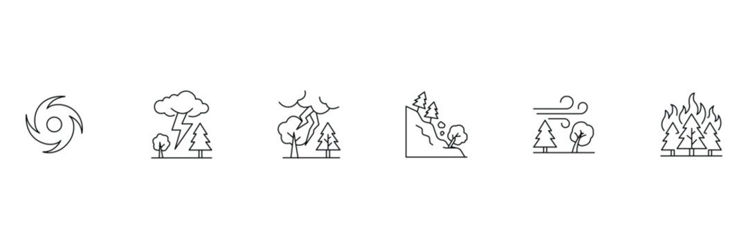 Natural disasters line icon set including hurricane thunderstorm lightning landslide wind and wildfire vector illustration.