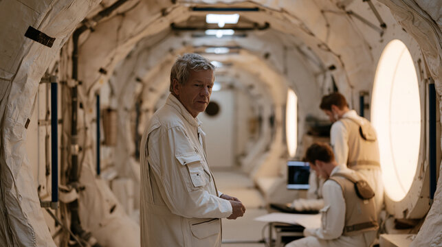 Cosmic radiation exposure research bunker where astrophysicist team calibrates dosimetry equipment along simulated deep space habitat corridor while technicians in dosimeter vests