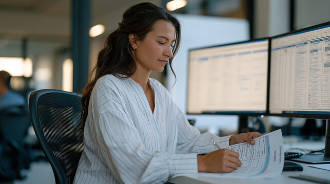 Insurance workflow showing prior authorization automation decision trees on dual monitors at a managed care organization office, a utilization review specialist annotating