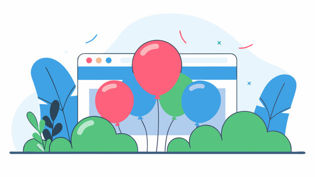 Vector illustration of a browser window with balloons and decorative plants